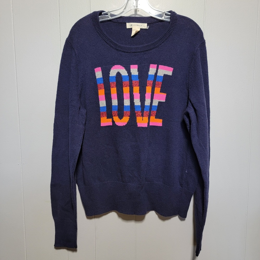 Lovecrazy Womens Navy Blue Love Graphic Striped Knit Pullover Sweater XL